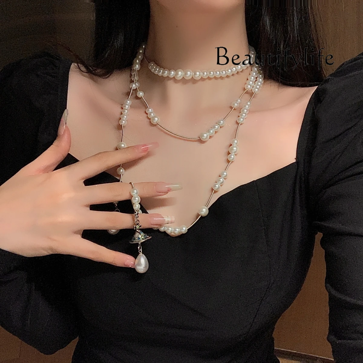 Light luxury niche pearl necklace women's long multi-layer double-layer sweater chain high-end stacking