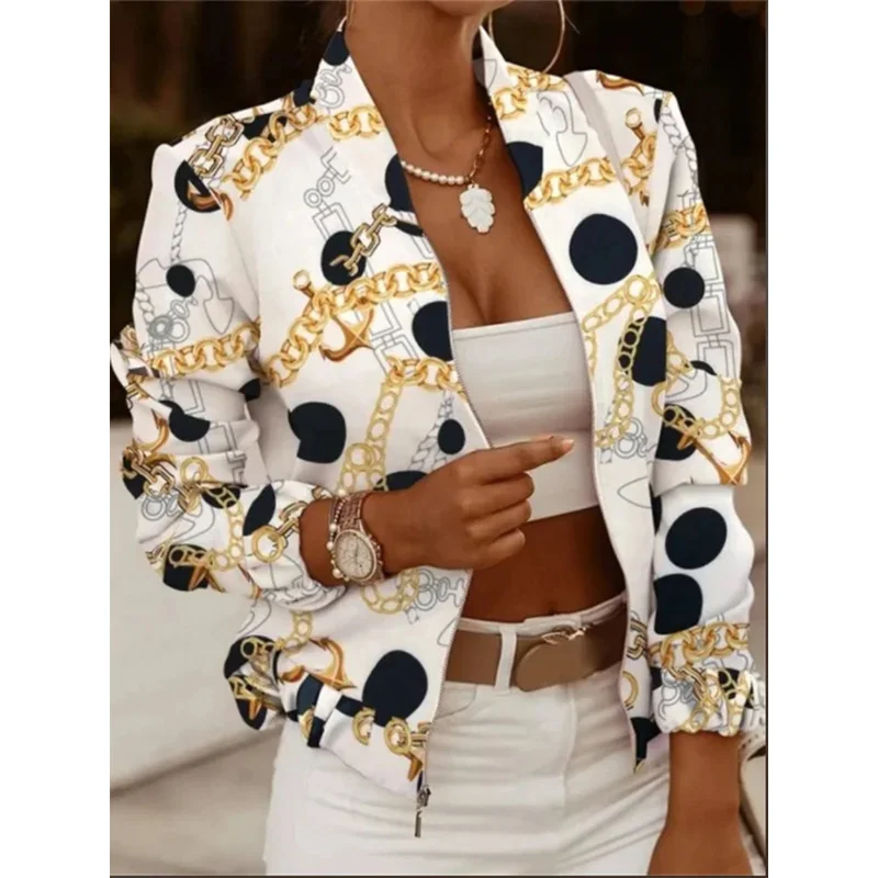 

Женское пальто с длинными рукавами и принтом, модная короткая куртка на молнии, весенне-осенний белый повседневный топ