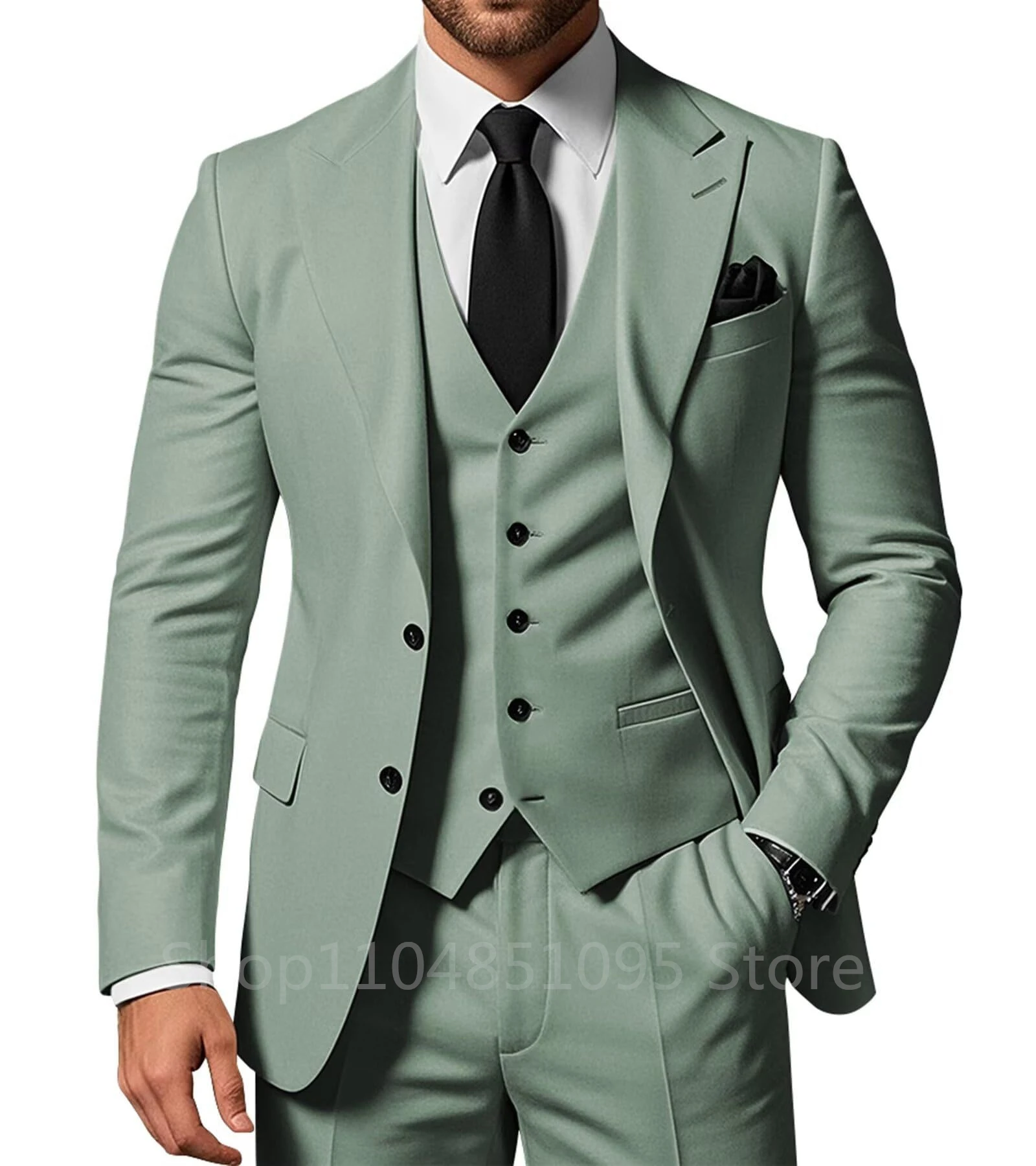NONE 3-teiliges, solides Hochzeits-Herrenanzug, formeller Bräutigam, Smoking, Abschlussball, Party, männliche Anzüge, modisches Herren-Kleidungsset, spitzes Revers, Jacke, Hose, Weste 3