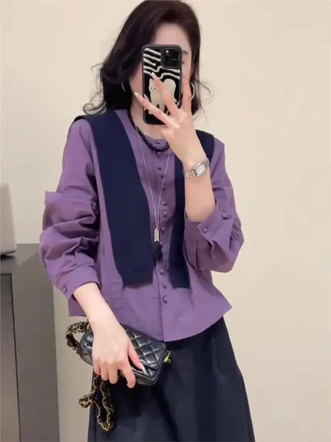 

Purple Shirt And Scarf Set Women's Fashionable Checkered Two-Piece Autumn Outfit Korean Style Loose Fit Long Sleeve round Neck