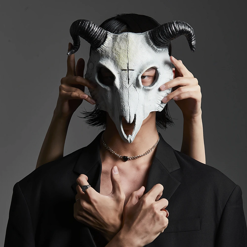 Antelope Sheep Horn Mask คอสเพลย์สัตว์ Headwear Gothic Bloody Skull Steampunk ฮาโลวีน Carnival Masquerade เครื่องประดับชุด