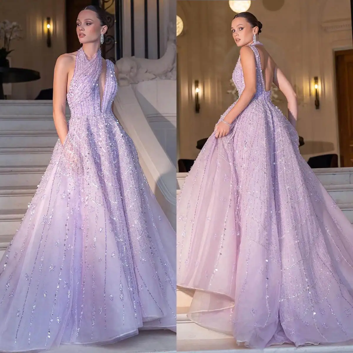 

Graceful Evening Dresses A-Line Halter Appliques Sequined Sleeveless Backless Prom Gown Party Dress Vestido De Noite Custom Made