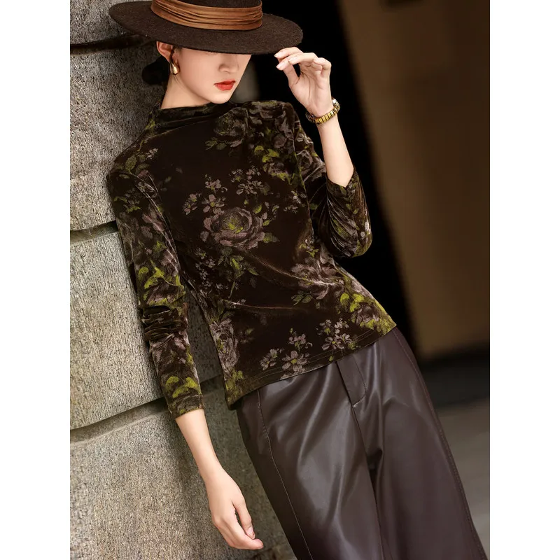 MEXCOCO Women Spring Autumn New Elegant Retro French Mock Neck Base Layer Printed Velvet T‑Shirt Blouse Tops