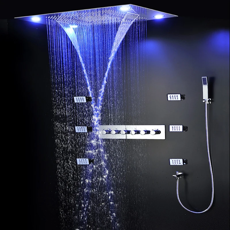 hm Bathroom Large LED Shower System Set Ceiling Rainfall Waterfalll Shower Head Thermostatic Diverter Faucets Massage Body Jets