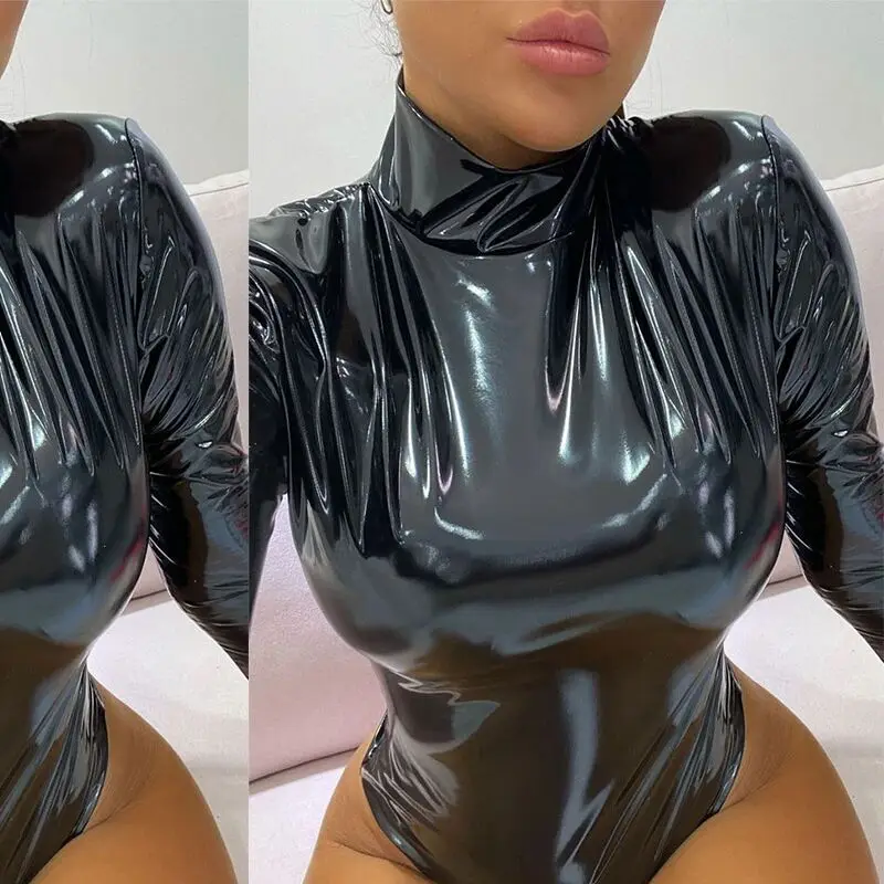 Women Sexy Black Bodycon Bodysuit Zipper PVC Leather Jumpsuit Ladies Slim Long Sleeves Bodysuits Rompers Body XXXL