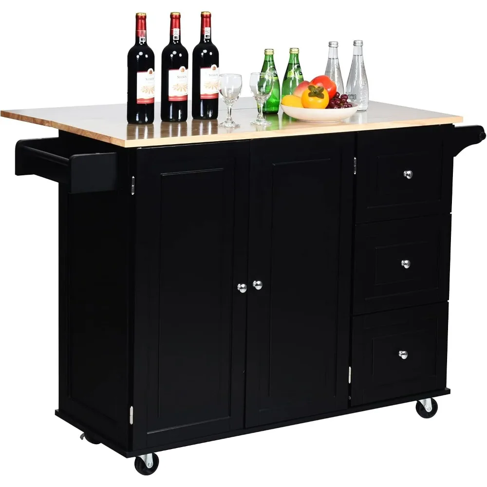 Rolling Kitchen Island Cart with Drop Leaf Top Drawers Towel Rack And Bottle Opener - Wood Kitchen Trolley in Espresso Finish