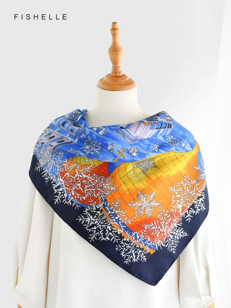 Blue snow church 100% natural silk scarf square head scarves twill luxury gift women wrap bandana hijab shawl lady neckerchief