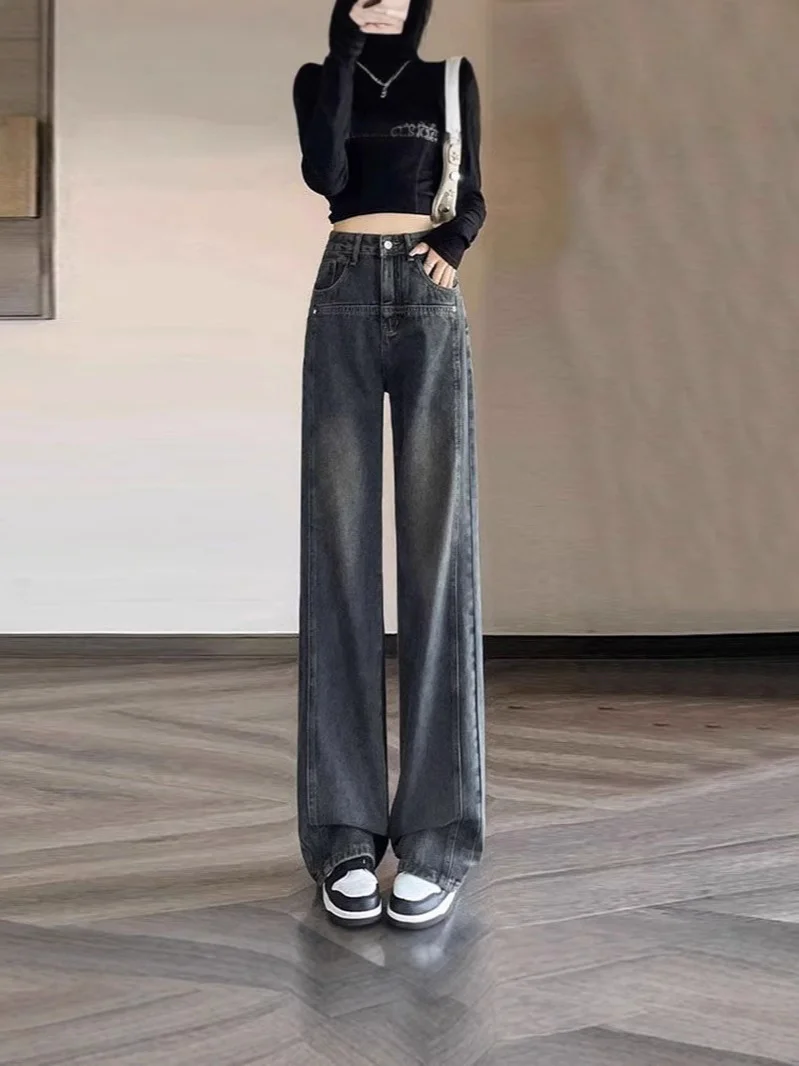 

Цементно-серые узкие свободные широкие джинсы для женщин, новый стиль 2025 года, свободные маленькие прямые брюки с высокой талией, весна