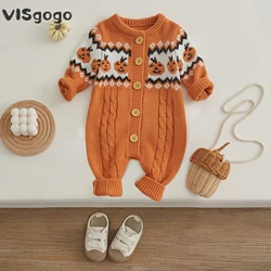 VISgogo Baby Knit Sweater Rompers Halloween Pumpkin Print Button Long Sleeve Jumpsuit for Newborn Boys Girls Cute Fall Clothes