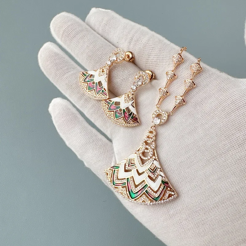 Designer Collection Style Earrings Necklace Women Lady Settings Czech Zircon Colored Enamel Fan-Shaped Pendant Plated Gold Color