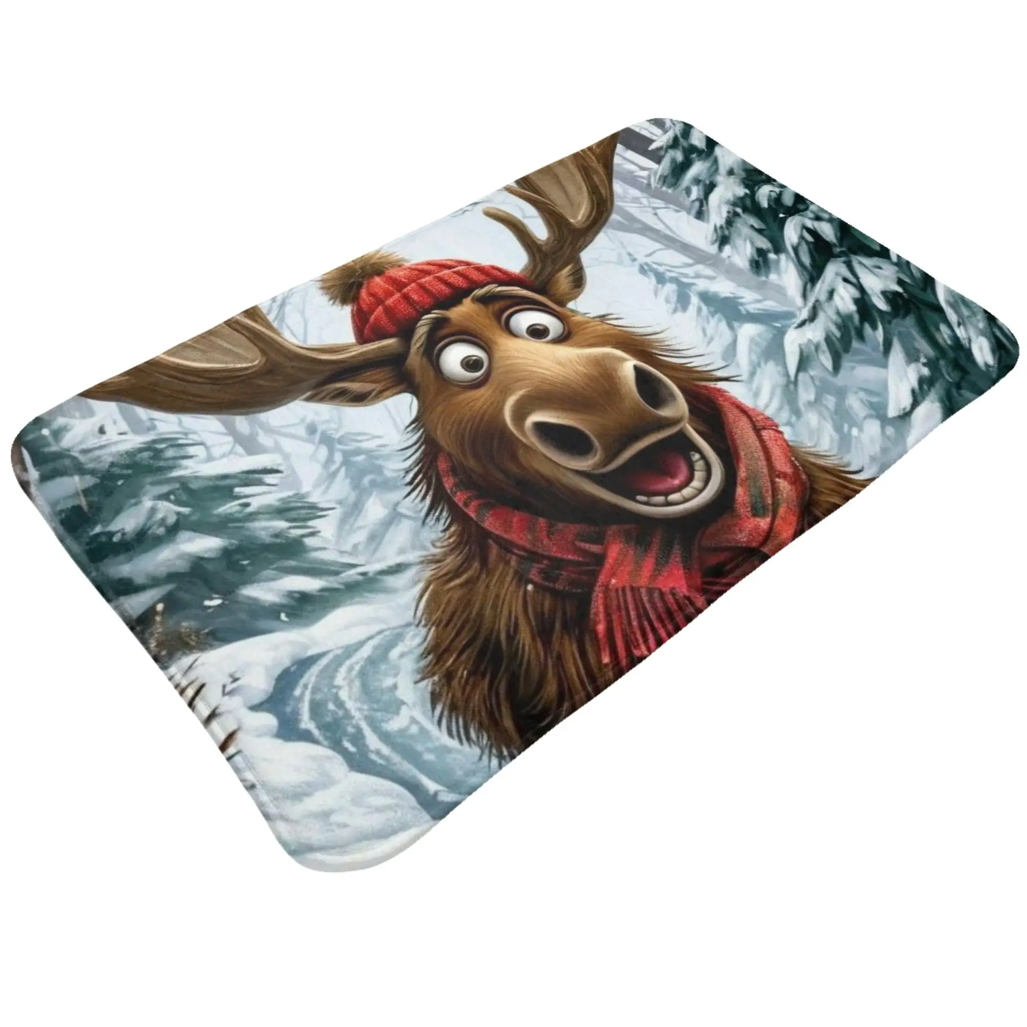 Excited Moose Sliding Down Snowy Hill Anti-Slip Doormat Bedroom Mat  Indoor PatternHomeDecor