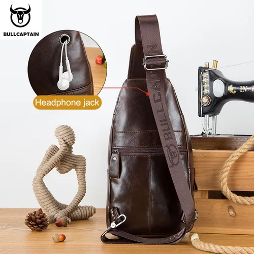 Imagen 2 del producto BULLCAPTAINN 100% bolso de pecho de cuero genuino para hombre, bolsas de mensajero de hombro, bolso multifuncional para teléfono móvil de marca de moda en el pecho
