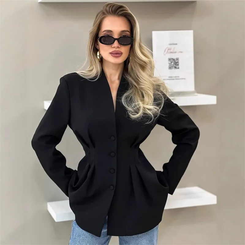 Autumn Elegant Slim Fit Waist Cinching Black Mini Suit For Commuting Sexy V-neck Button Long Sleeves Suit Jacket Vestes Femmes