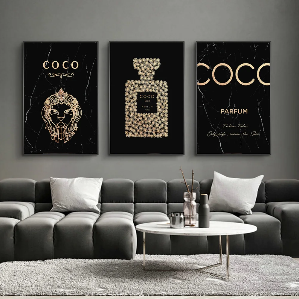 Fashion Parfum Golden Luxury Art Canvas Painting Modern Perfume Abstract Wall Posters and Prints Living Room Home Pictures Decor