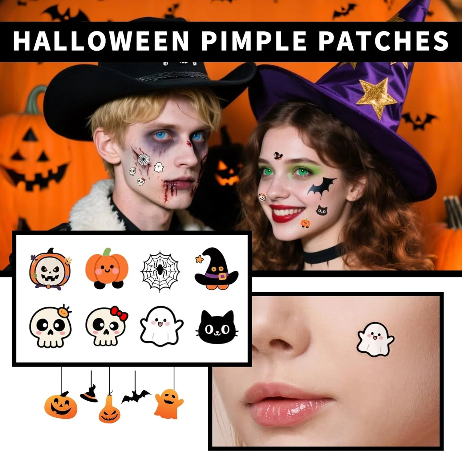 100pcsHalloween تحت عنوان حب الشباب بقع لطيف غير مزعجة مقاوم للماء تنفس للاستخدام اليومي الوجه ملصقات بثرة لطيف