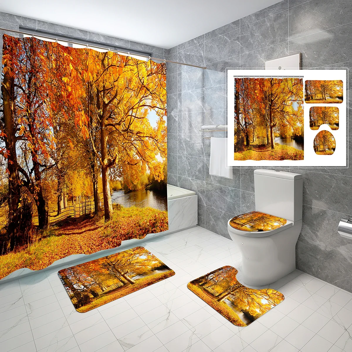 

4 PCS Autumn Theme Shower Curtain Sets,Tree Fallen Leaves Bathroom Waterproof Bath Curtain,Non-Slip Bath Mat Toilet Cover Set