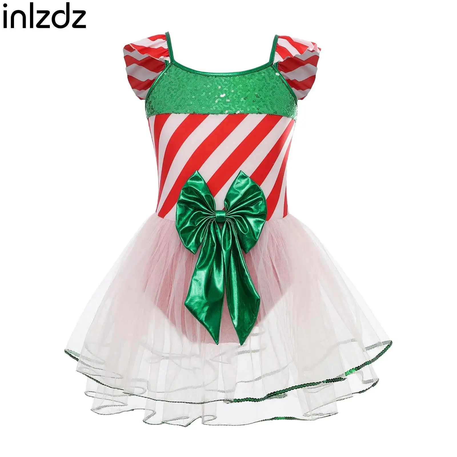 

Teen Girls Christmas Candy Cane Cosplay Costume Sequins Stripes Tutu Dress Bodysuit for Ballet Skating Dance Gymnastics Costume