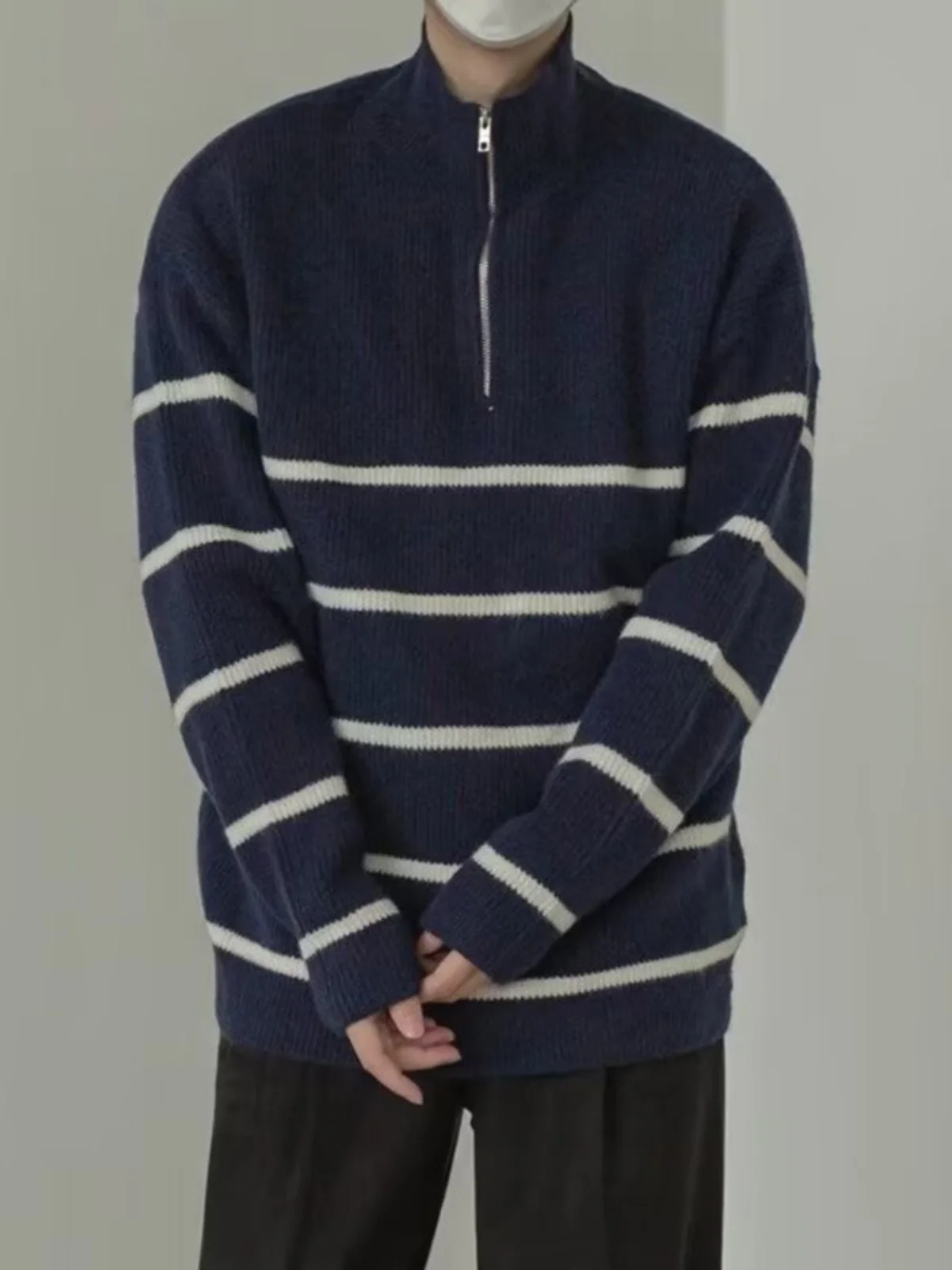 

American Sle Zipper Knitted Sweater Men's Slim Fit Long Sve Stand Collar Hoodie Trendy Striped Youth Vitali Sle