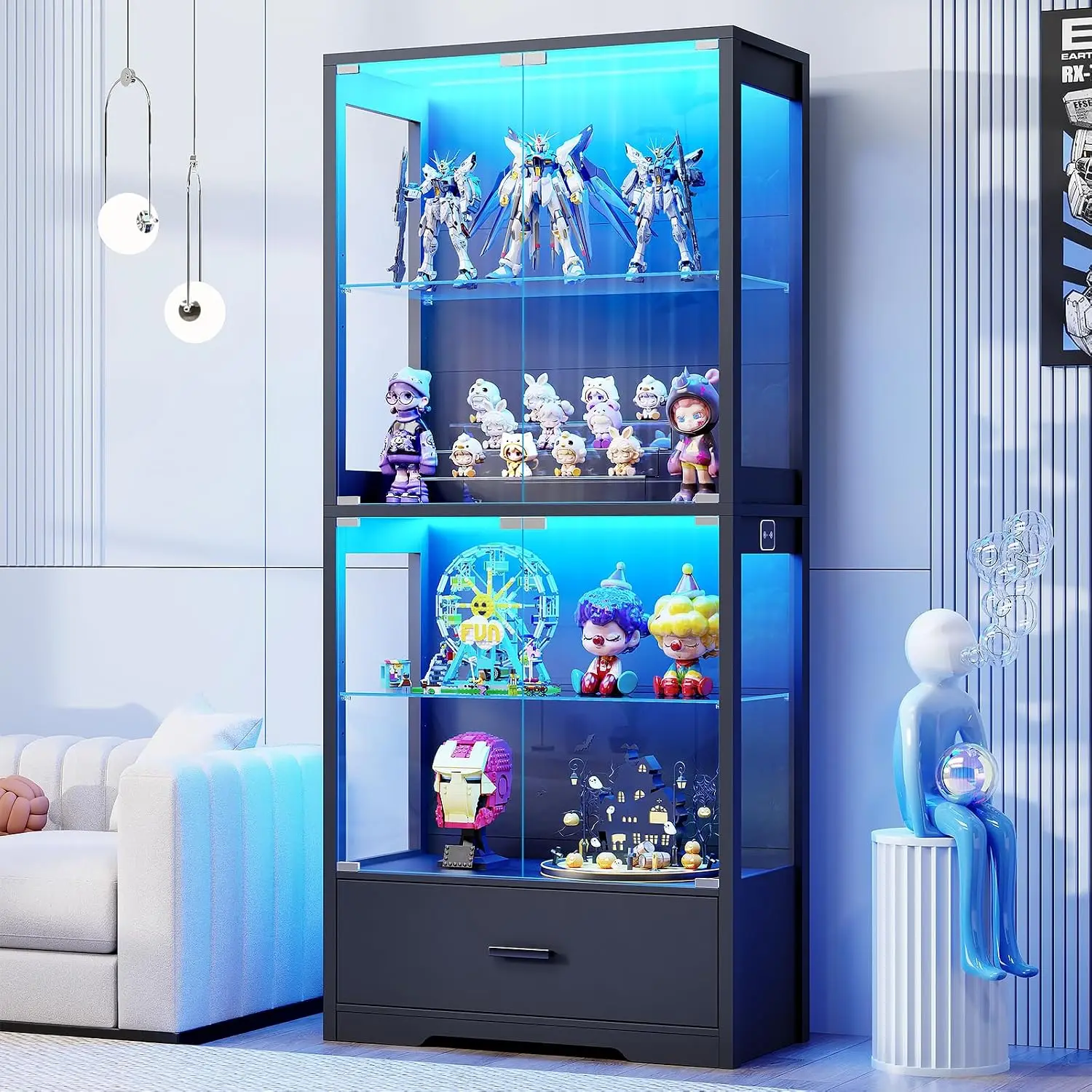 4-Tier Glass Door Display Cabinet with Drawer for Collectibles, Customized