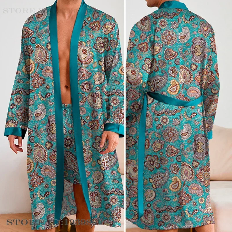 

New Male Nighty&amp;Robe Set Pajamas Print Kimono Bathrobe Gown Negligee Spring Summer New Sleepwear Home Clothes Loose Loungewear