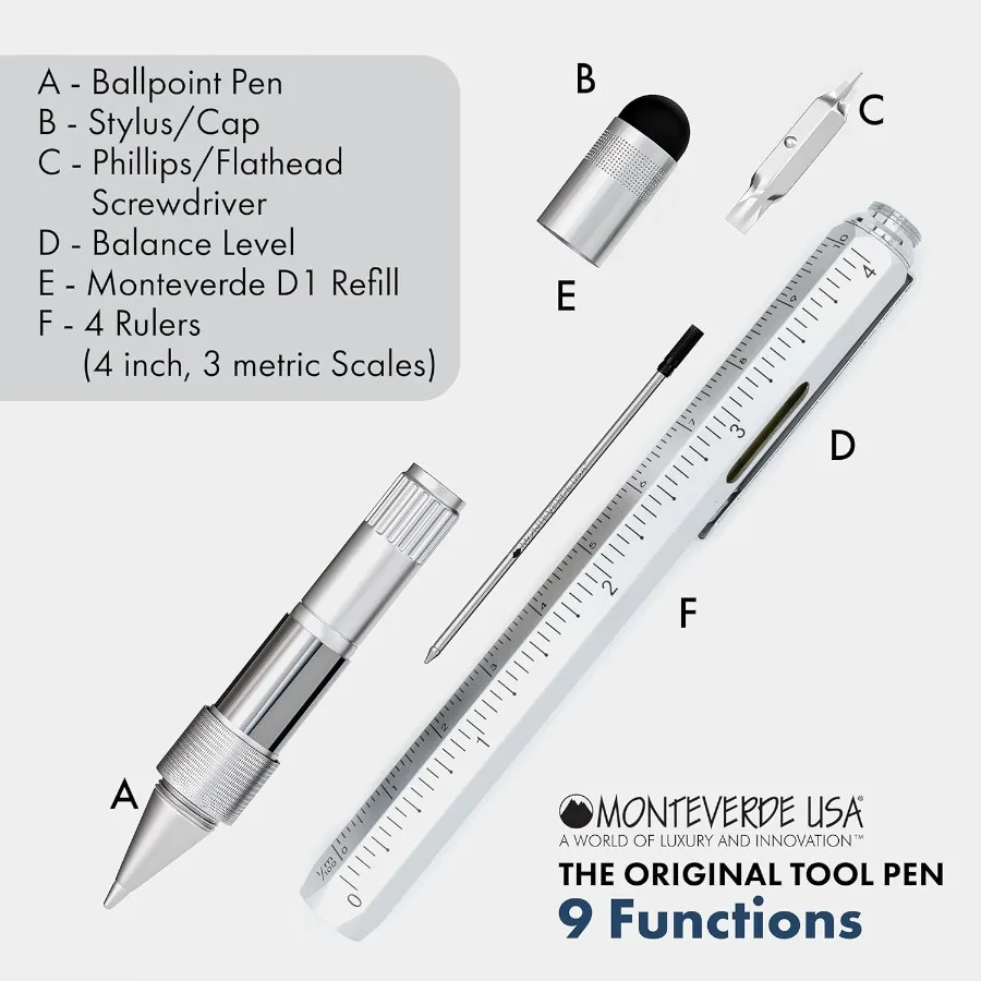 قلم حبر جاف Monteverde USA 9-in-1 باللون الفضي متعدد الوظائف مع مستوى مفكات براغي ومسطرة مثالية لـ DIY P #4