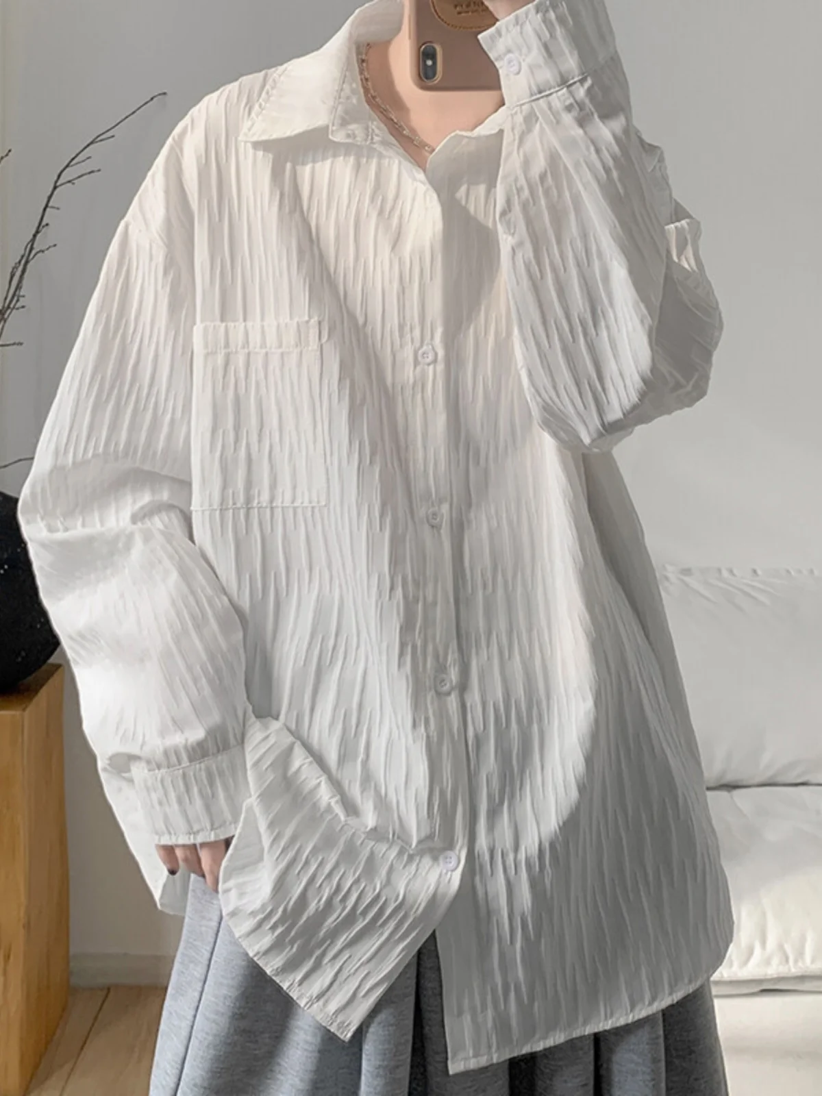 

White Texture Long Sve Men's irt Spring Autumn American Sle High End Sun Protection Outerwear Breathable Loose Fit
