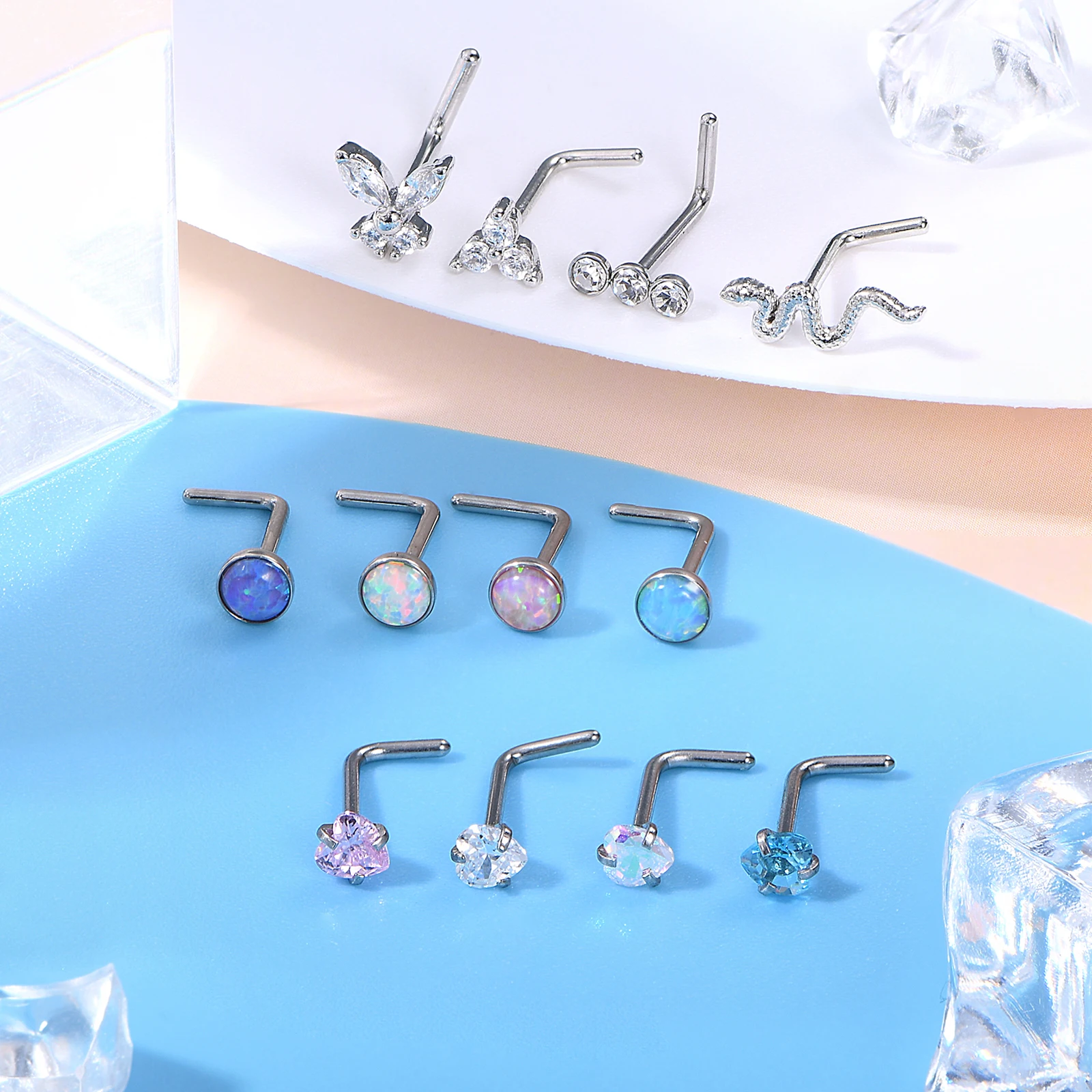 12Pcs Stainless Steel Nose Stud Set Heart Butterfly Crystal Nose Piercing L Shape Nostril Piercing Jewelry Gift 18G/20G