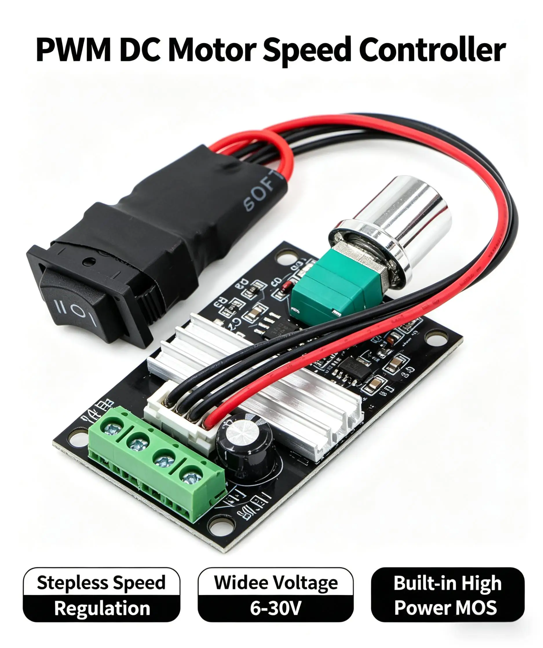 6V 12V 24V 28V 3A 80W DC Motor Speed Controller PWM Speed Adjustable Reversible Control Potentiometer Switch 1203BB Motor Driver
