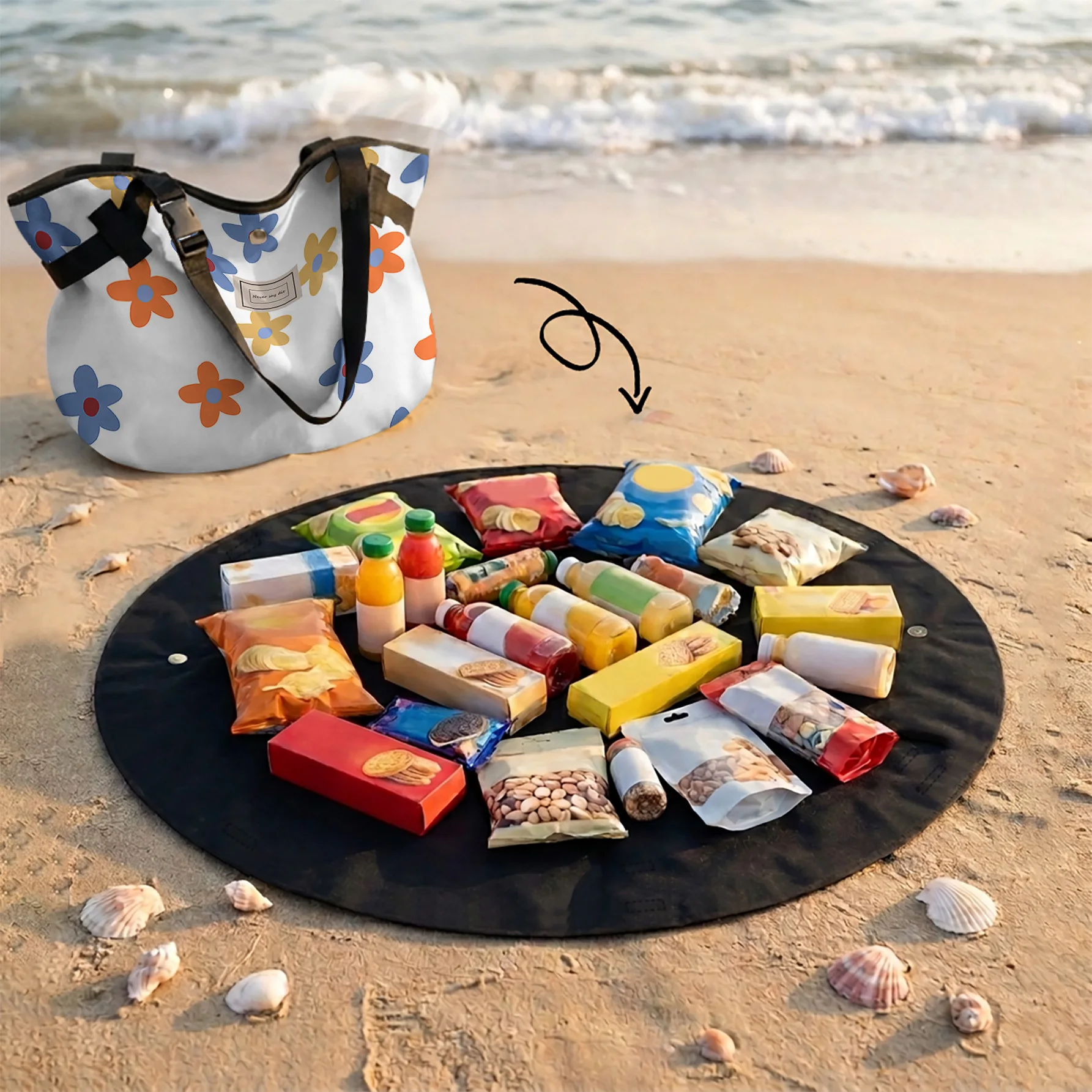 Colorful Flower Print 2 In 1 Tote Bag & Round Picnic Mat, Waterproof Foldable Mat For Camping Beach Picnic Travel