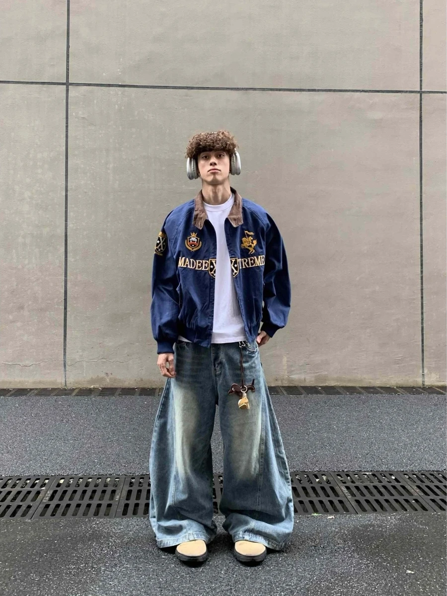 

Retro American Street Sle Harington Jaet Autumn Embroidery Outerwear Top Trendy Brand ex Stand Fit Long Sve Zip...