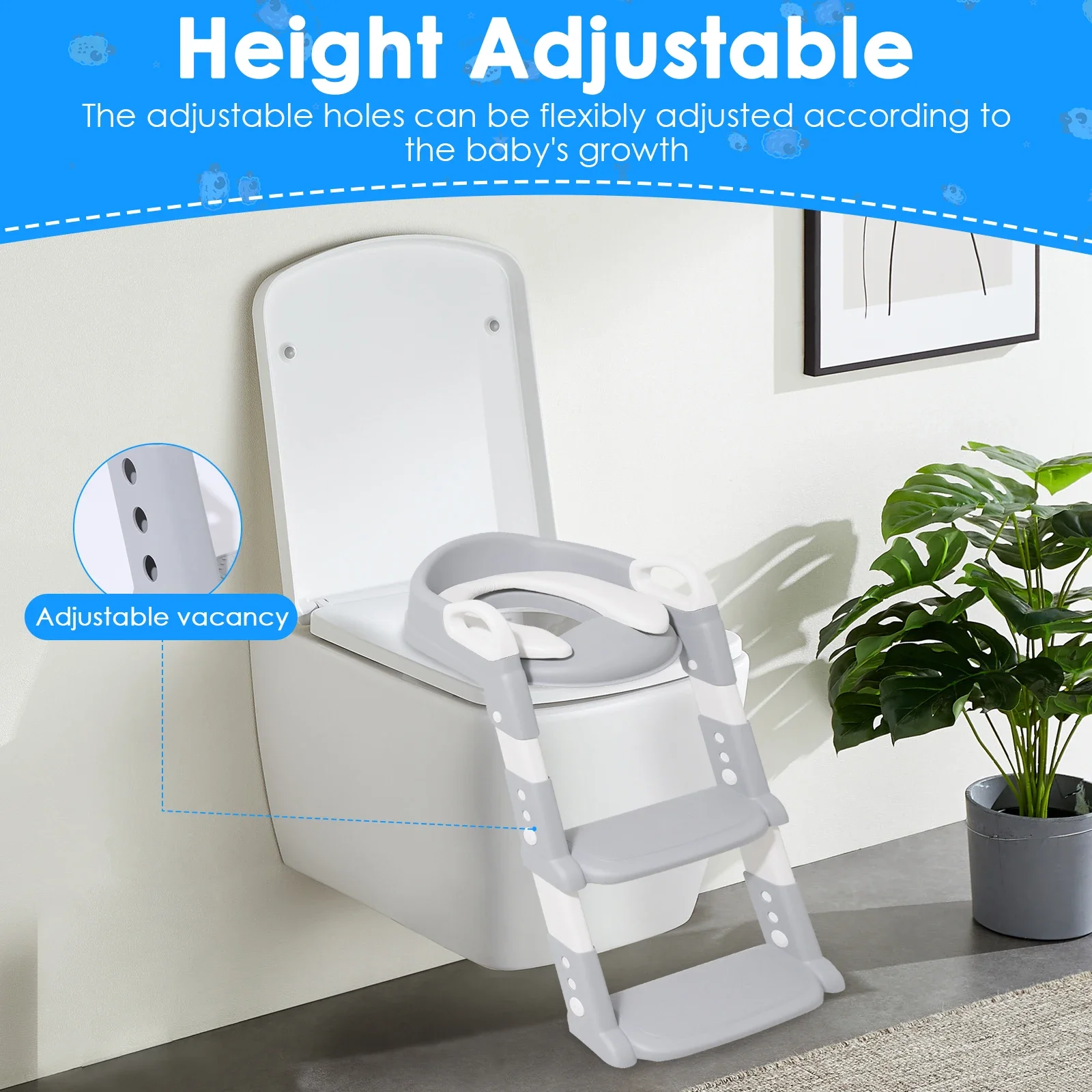 Potty Training Seat Ladder With Anti Slip Pad Comfortable Adjustable Height 2 in 1 Potty Training Toilet for Kids Boys Girls
