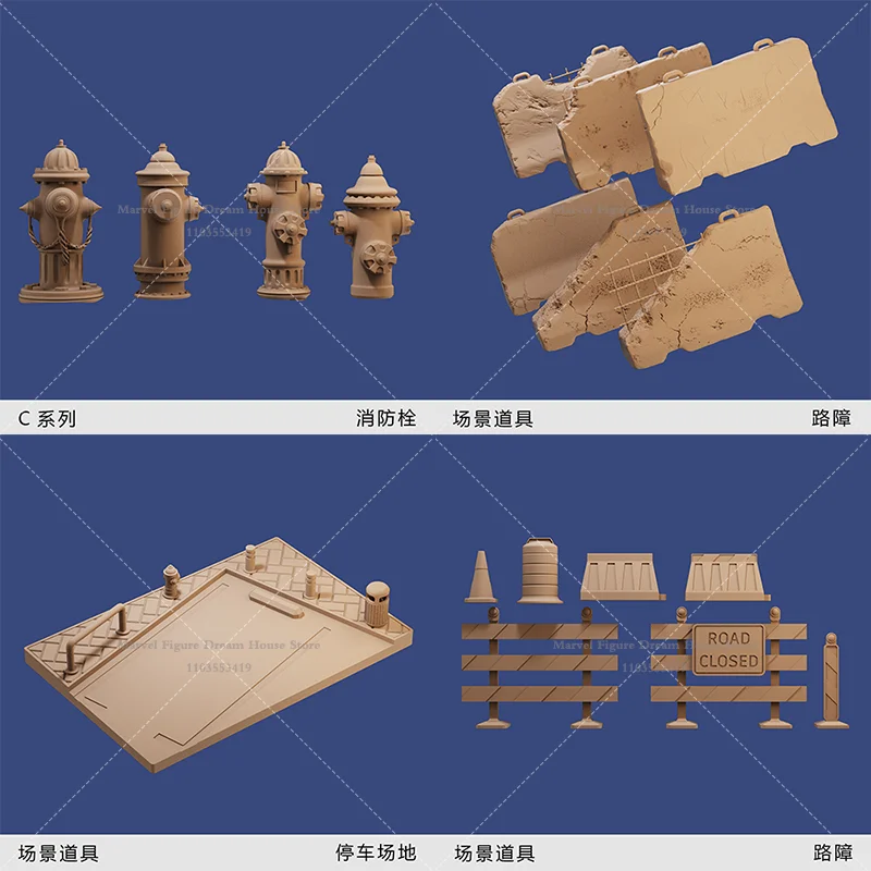 1/64 Scale Miniature Scene Dolls Un-panited White Figure Mini Model Traffic Cone Guardrail Street Parking Spot Fire Hydrant
