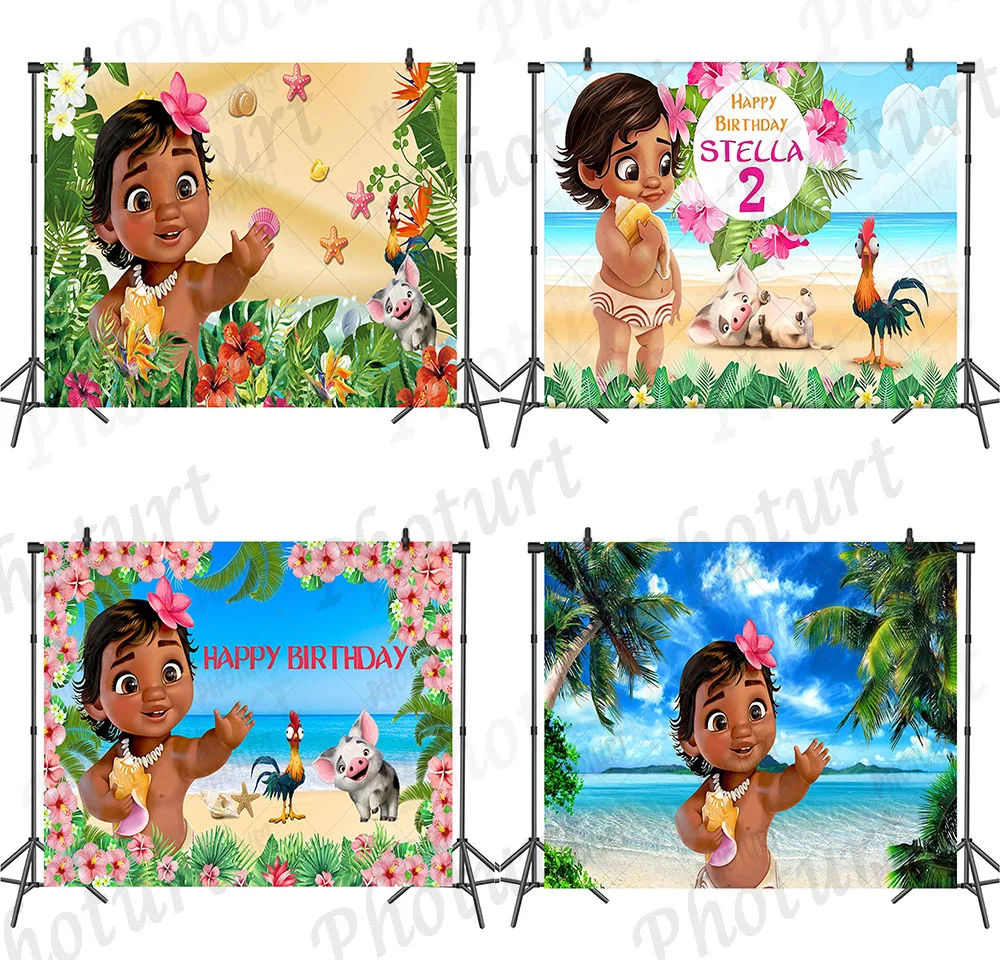 Disney Baby Moana Backdrop Kids Birthday Baby Shower Background Ocean Exploration Polyester Vinyl Photography Decoration Props