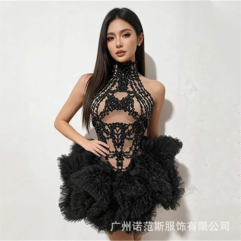 

Luxury Black Diamonds Mesh Sexy See Through Cocktail Mini Dress Women Eveing Birthday Party Singer Nightclub Show Stage Costume