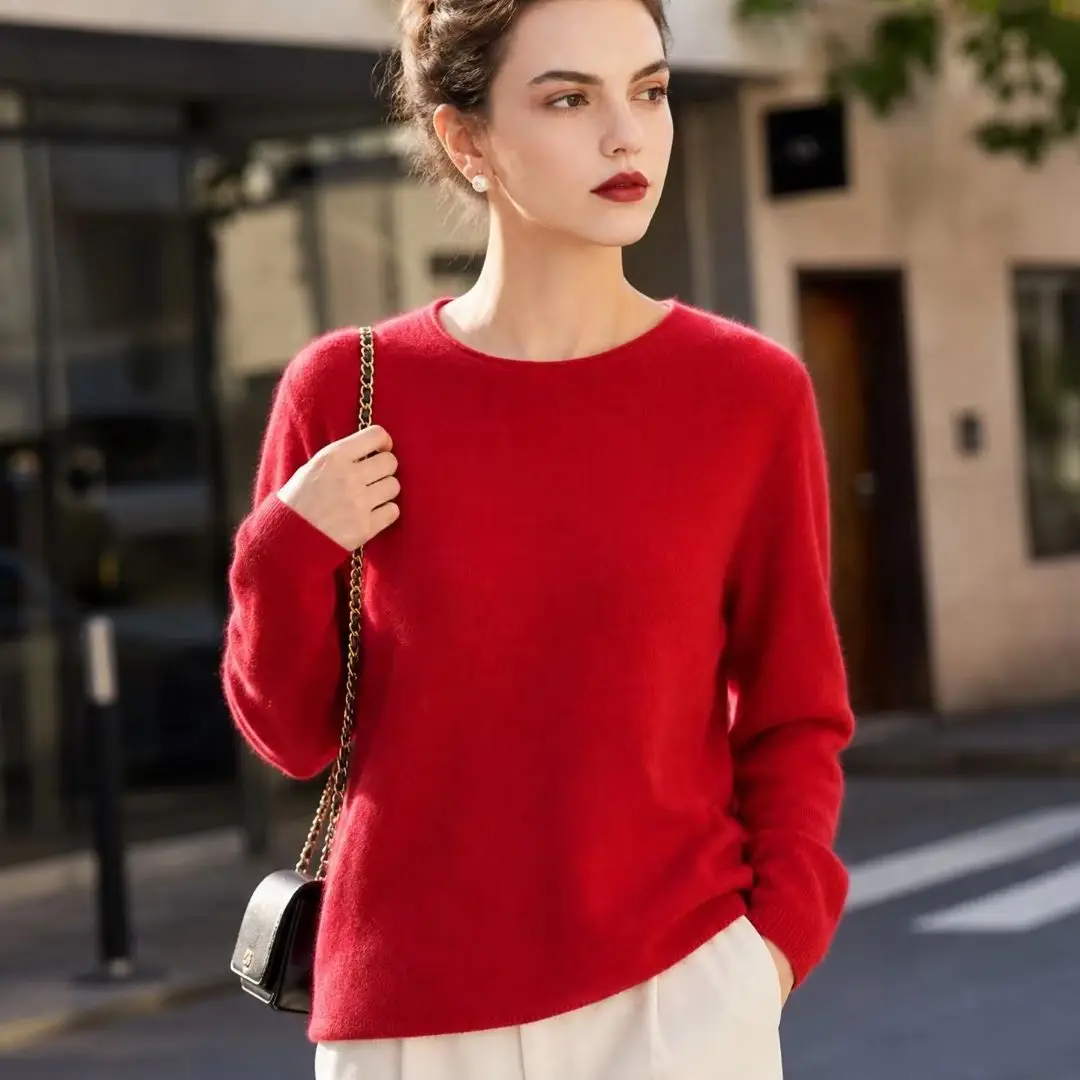Women's 100% cashmere pullover casual knitted sweater rolled edge round neck Jumper winter warm Blouse loose Tops long sleeve