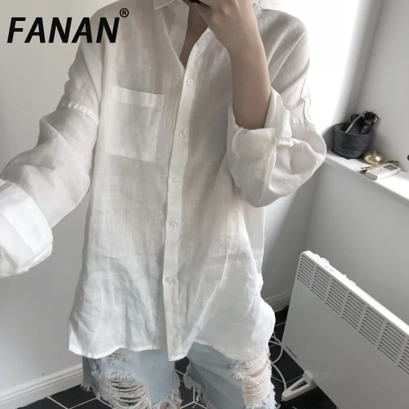 

FANAN модные льняные солнцезащитные рубашки для женщин, однобортные однобортные рубашки с длинными рукавами и лацканами, повседневные свободные блузки, новинка лета 202, топы