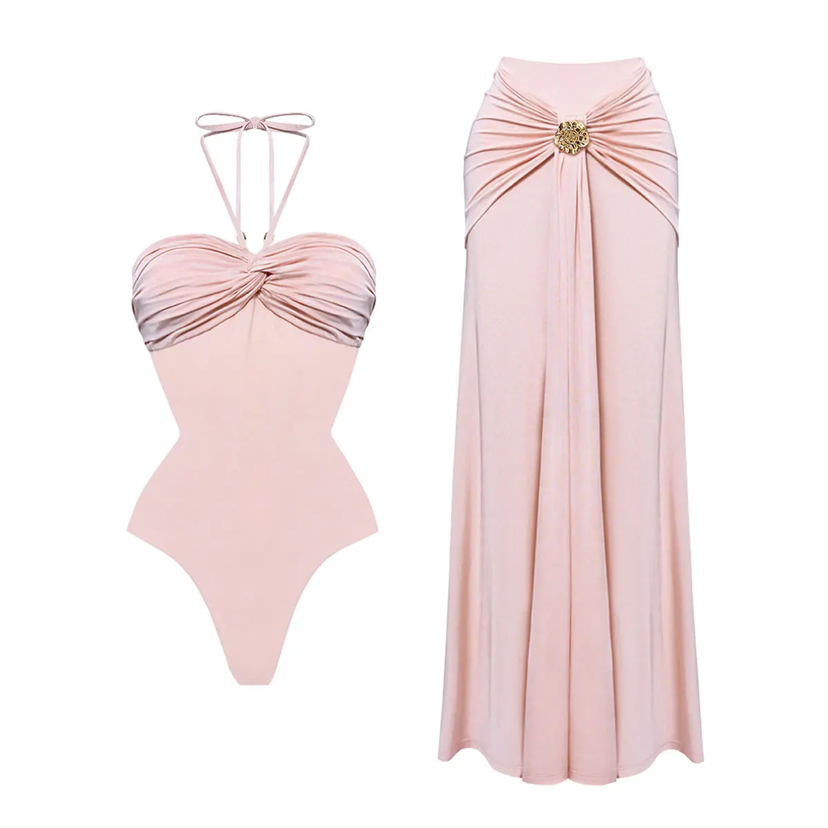 

Pink Halter One Piece Swimsuit With Cover Up Women Sexy Swimwear Bikini Female Solid Bandeau Biquini Bathing Suit Beachwear