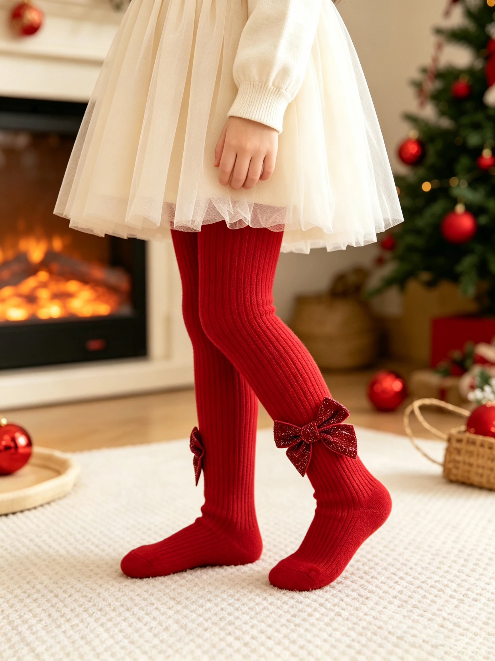 1 Stück Mädchen-Strumpfhose mit roter Schleifendekoration, mit Fleece gefüttert, dicke Strickstrumpfhose, Thermoleggings, Herbst, Winter, Weihnachtsfeier, Alltagsoutfit, 0-8 Jahre – Detail 6