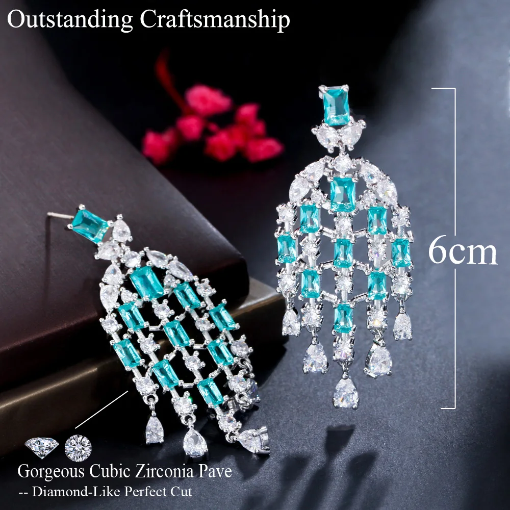 CWWZircons Chic Europe Royal Cubic Zircon Light Blue Long Tassel Water Drop Earrings for Women Engagement Wedding Jewelry CZ342