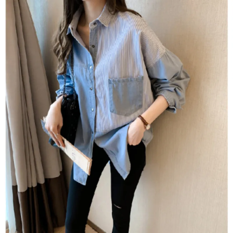 2024 Spring Camisa Jeans Feminina Shirt Korean Autumn Cotton Long Sleeve Women\'s Denim Shirt Female Loose Loose Blouse New 7256