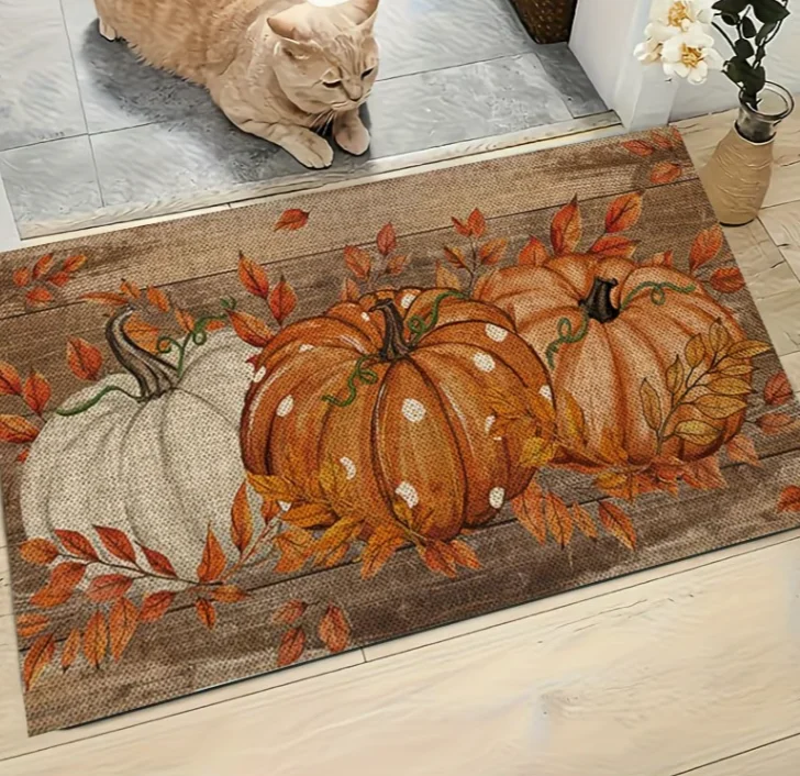A Single Front Door Mat Featuring An Autumn Pumpkin and Polka Dot Design Farmhouse Aesthetic. This Indoor Doormat Is Carpet