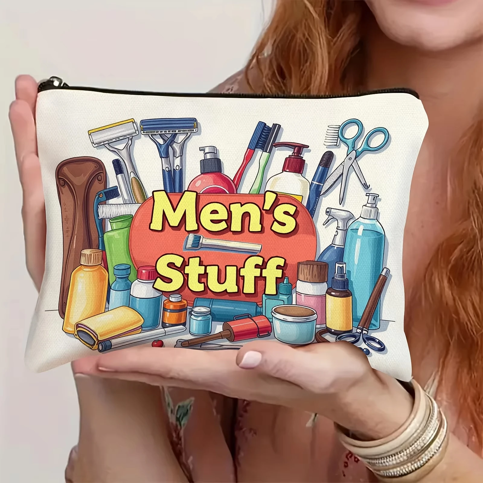 

Мужская косметичка-органайзер для путешествий многоразового использования с принтом «Мужские принадлежности», белая, с цветными отделениями для косметики и туалетных принадлежностей, на молнии