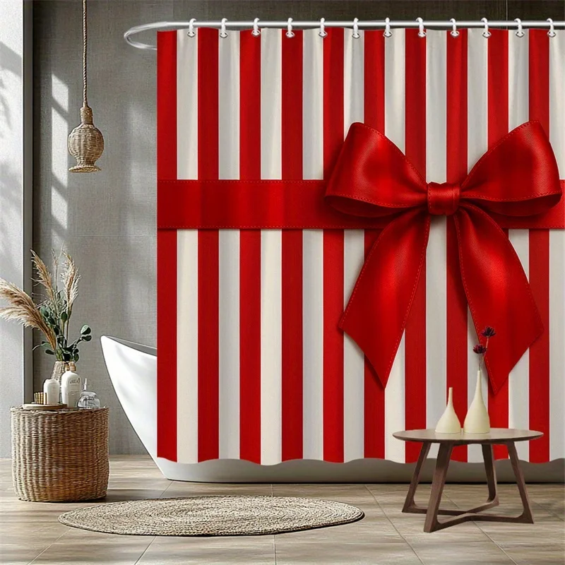 One Festive Shower Curtain in Red and White Stripes Featuring A Large Satin Bow,for A Stylish Holiday-Themed Bathroom Decor