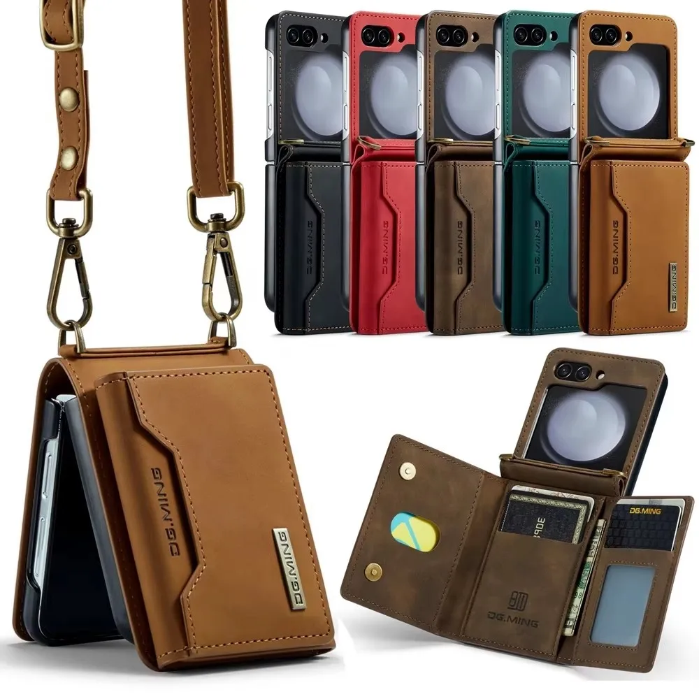 High-end Leather Crossbody Cover Wallet Case For Samsung Galaxy Z Flip 6 5 4 3 Flip5 Flip4 5G Cards Slot Purse Protective Shell