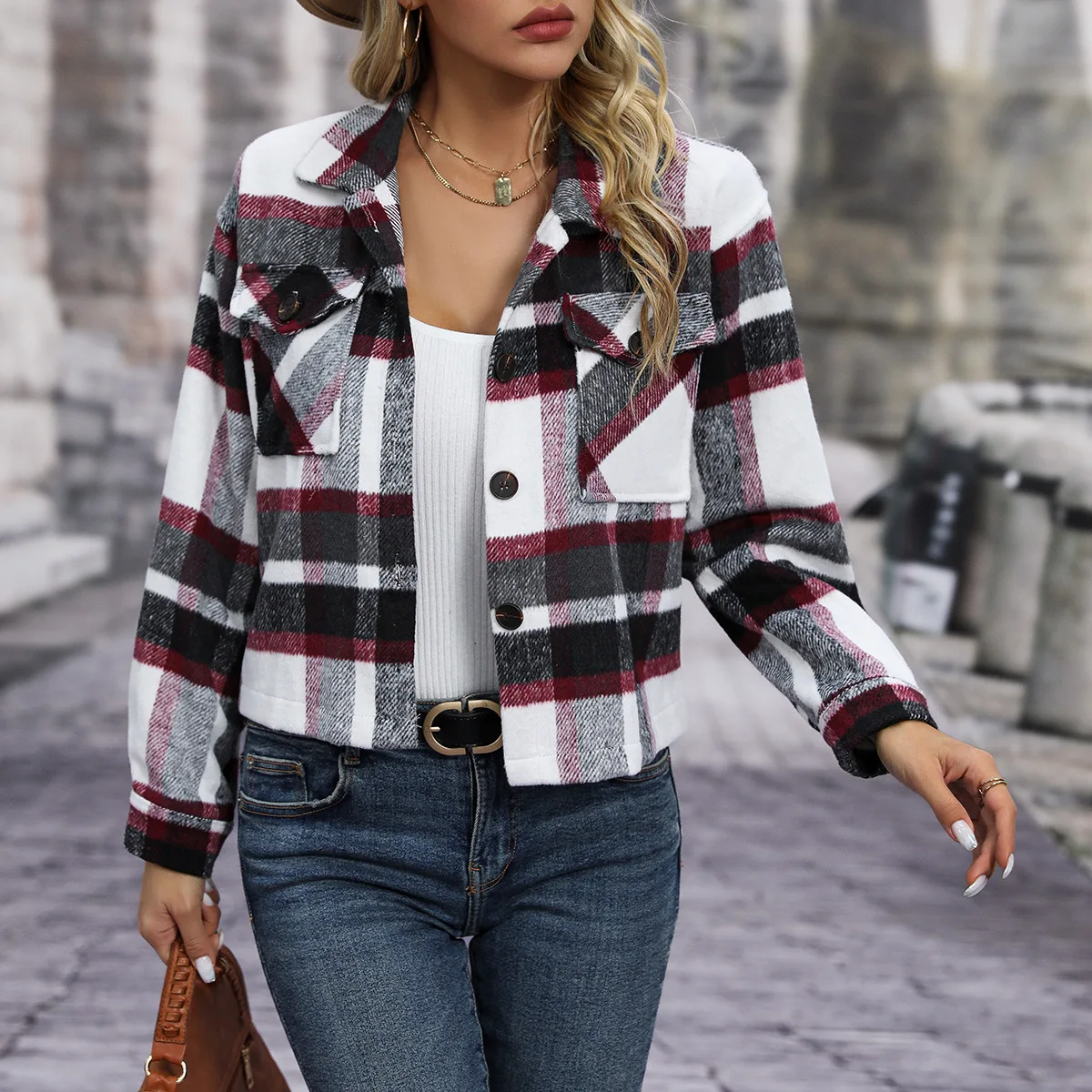 

Casual Plaid Jacket for Women Lapel Button Long Sleeves Short Jackets Fall Winter Streetwear Fashion Pocket Slim Female Coat