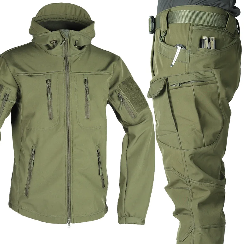 

Soft Shell Set Outdoor Sports Jacket Shock Pants Cold and Warm Set Multi-pocket Hooded Soft Shell Cover