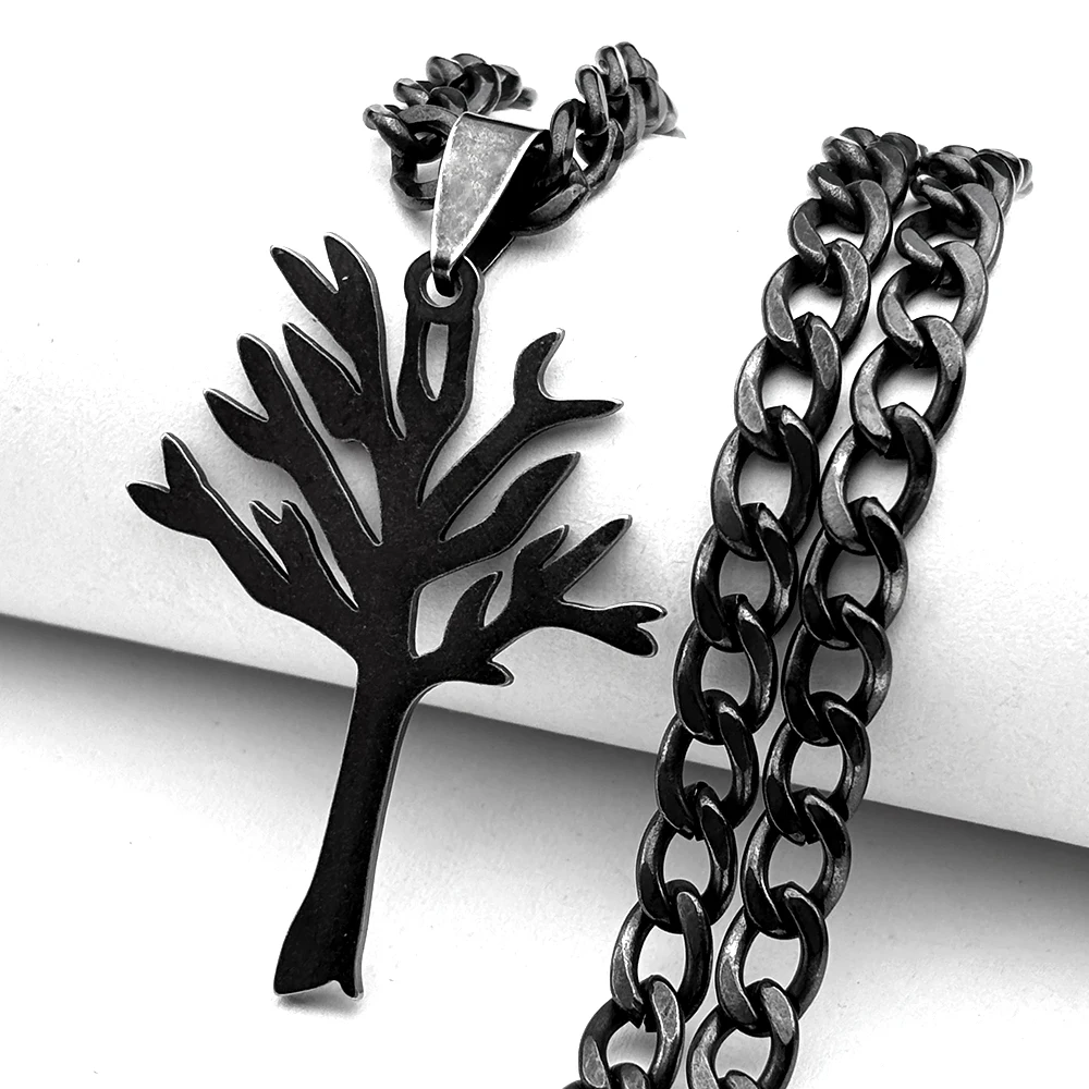 Gotische Hohle Lebensbaum-Anhänger-Halskette für Damen und Herren aus Edelstahl in Gunmetal-Grau, Glücksbringer-Pflanzenkette, Schmuck