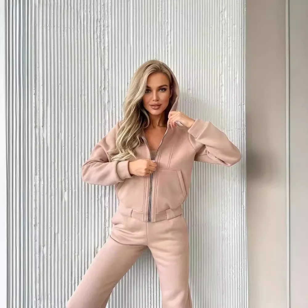 여성용 긴 소매 후드 지퍼 스웨터 슈트 겨울 출퇴근용 긴 소매 바지 세트 단색 패션 세트