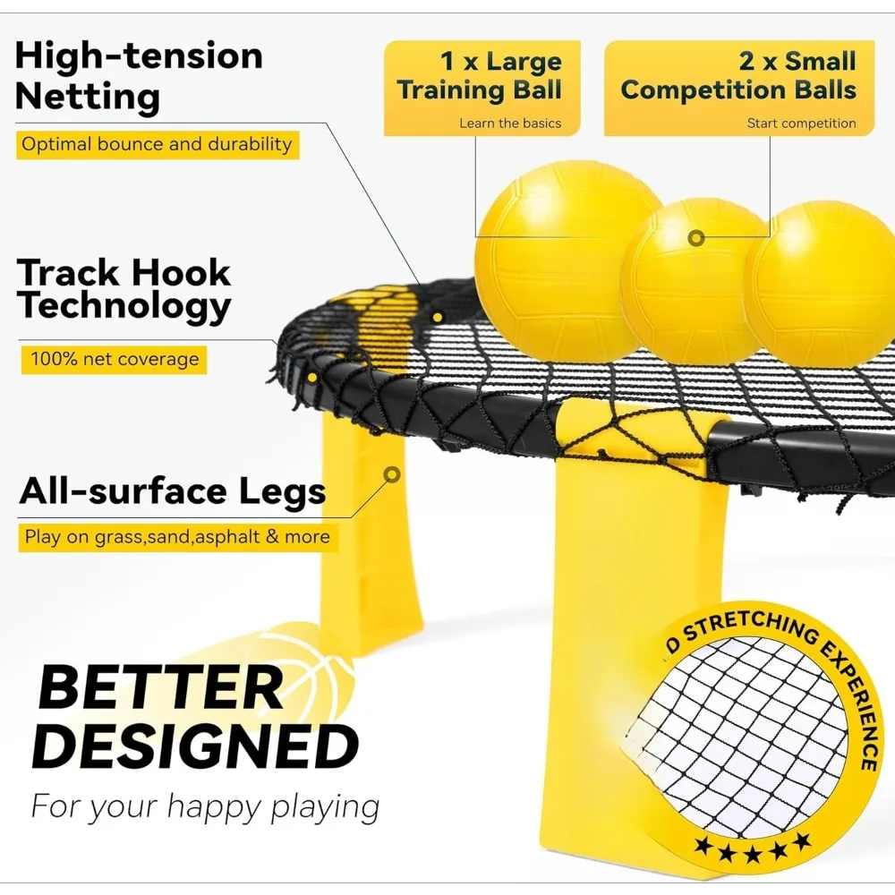 Outdoor Beach Ball Game Includes 3 Balls, Net and Carrying Bag -Roundnet Game Set for Adults, Kids, and Family