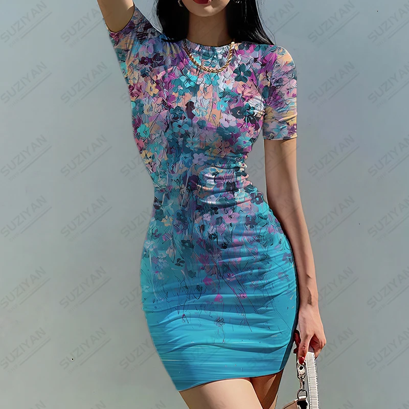 Summer new lady slim dress flower 3D printed lady slim dress sweet style ladies slim dress trend lady slim dress